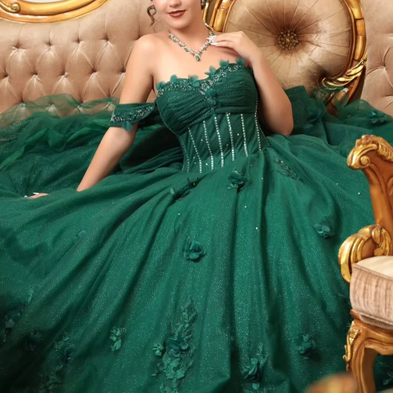 

Shiny Green Quinceanera Dresses Off the Shoulder Glitter Decal Lace 3D Flower Long tail Bow Vestidoe 15 Quinceanera Customize