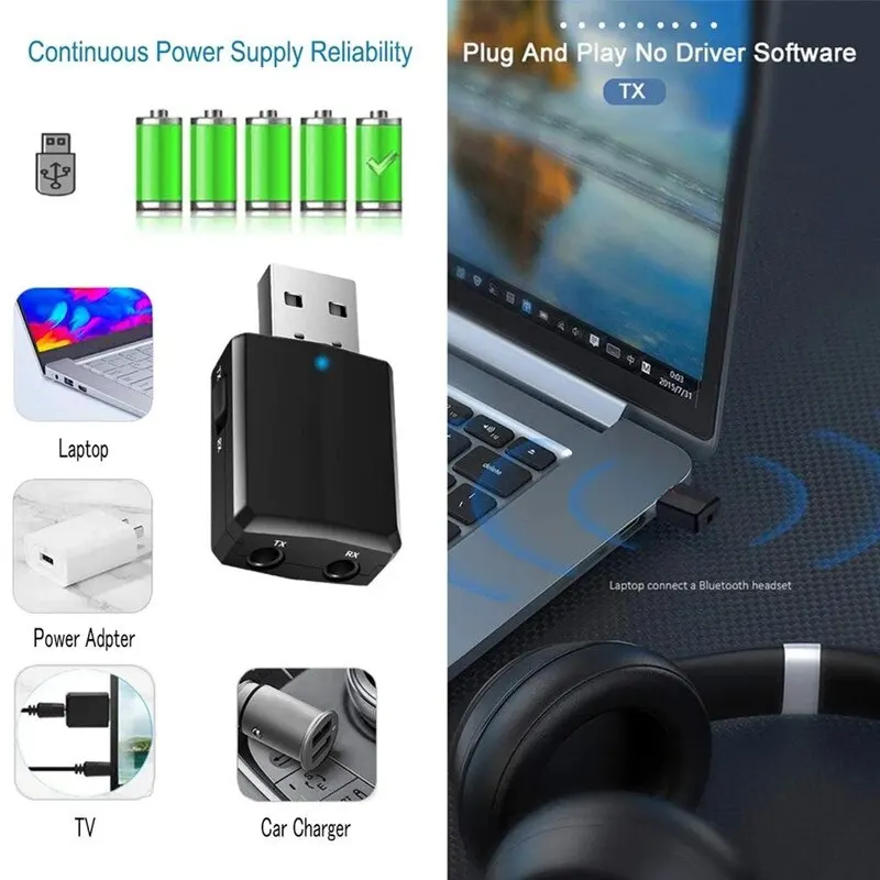 2 In 1 Bluetooth 5.0 Audio Receiver Transmitter 3.5mm 3.5 Jack AUX USB Dongle Wireless Adapter for TV PC Headphone Car Speaker