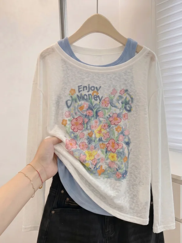 Women's Summer Orange Pumpkin Strap Vest Outerwear Sun Protection Top Two-Piece Set Loose Fit Long Sleeve round Neck T-Shirt