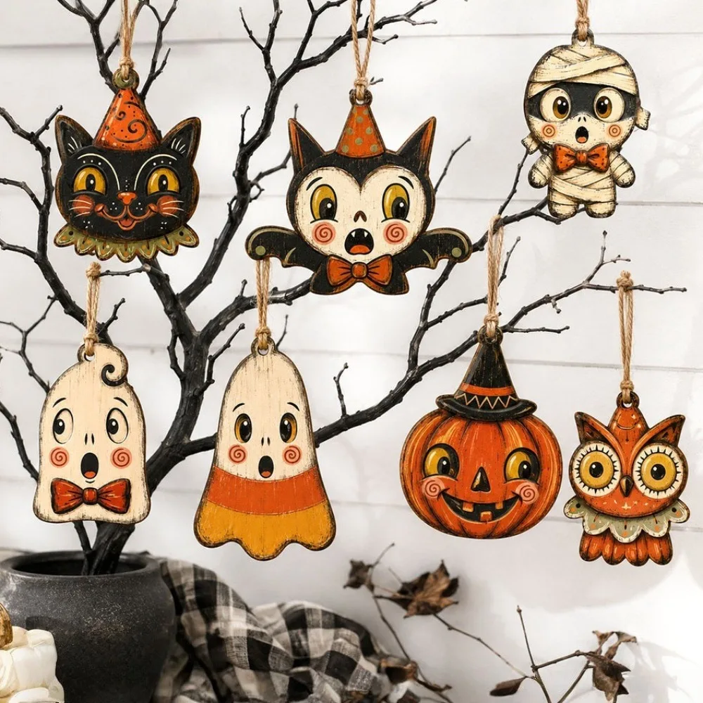 Vintage Style Halloween Pumpkin Ghost Pendant Distressed Painted Cartoon Owls Bat Hanging Decoration Trick or Treat with Rope