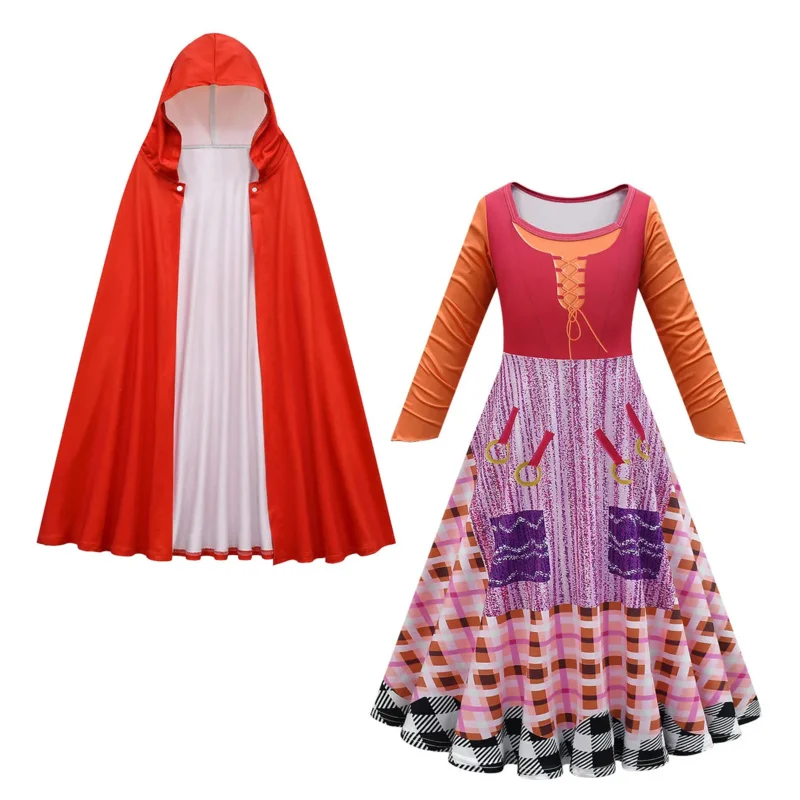 Qq38Kids Halloween Hocus Pocus chica Winifred vestir fiesta de carnaval Sarah Mary Sanderson hermanas bruja Cosplay disfraz con capucha C