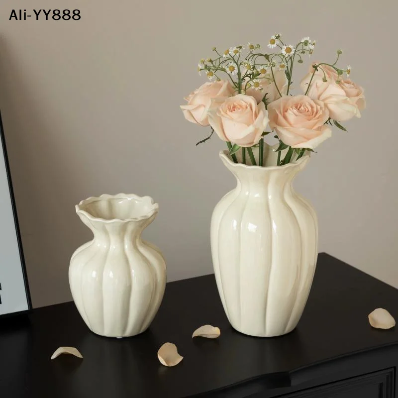 【Y】Cream Ceramic Vase Ruffled Edge Fluted Design Home Table Decor Vase For Fresh Flower Arrangement