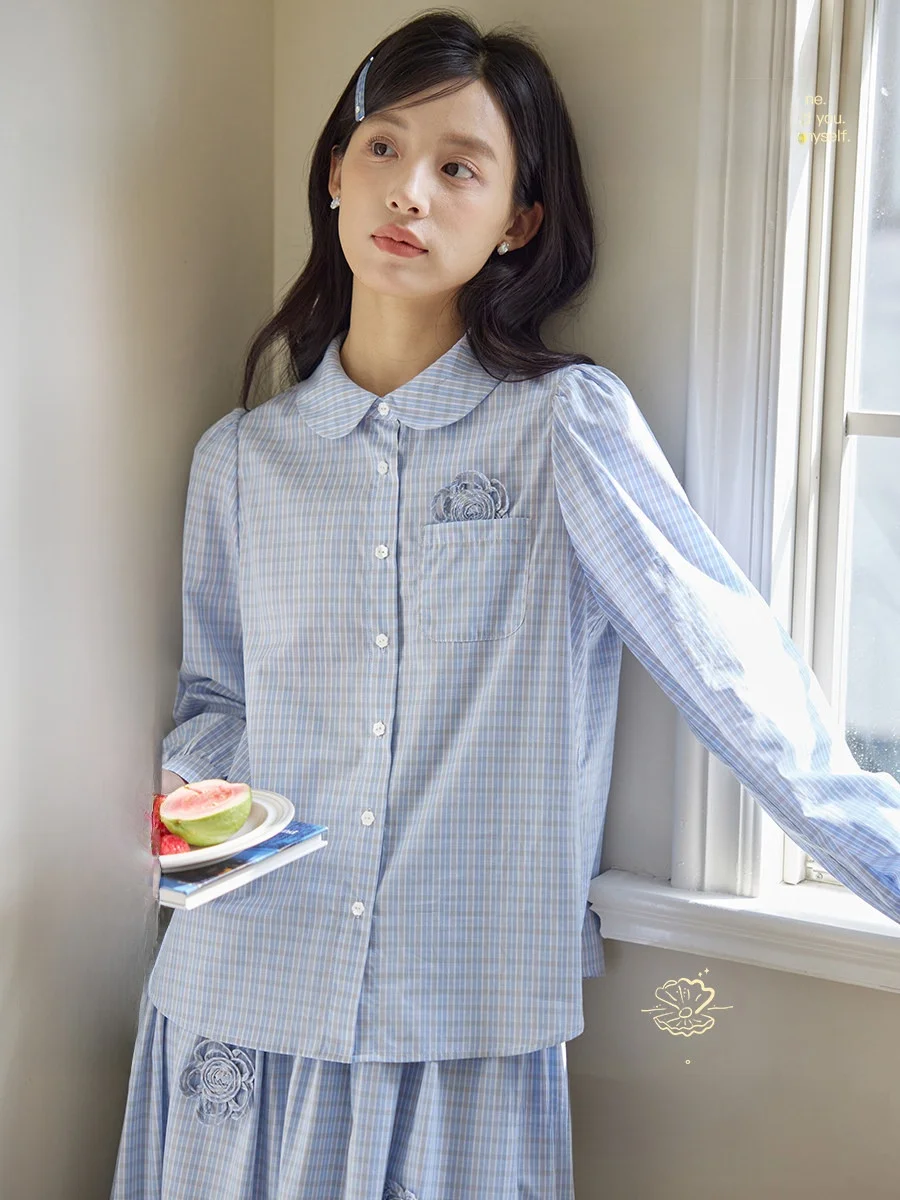 

Nov Et Blue Plaid irt And Skirt Set with 3D Flower Bubble Sves Long Cotton Button-Up Faionable Age-Defng Outfit
