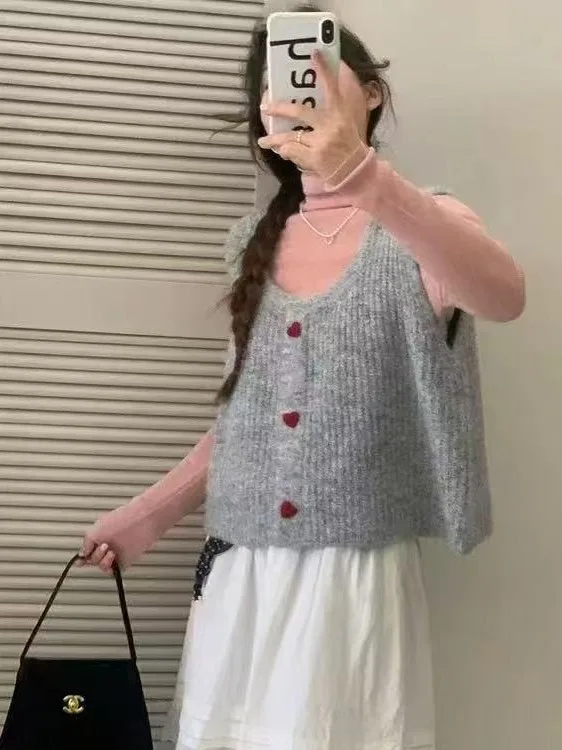 

Корейский мягкий и милый модный вязаный кардиган-жилет с сердечками для женщин, весенний свитер