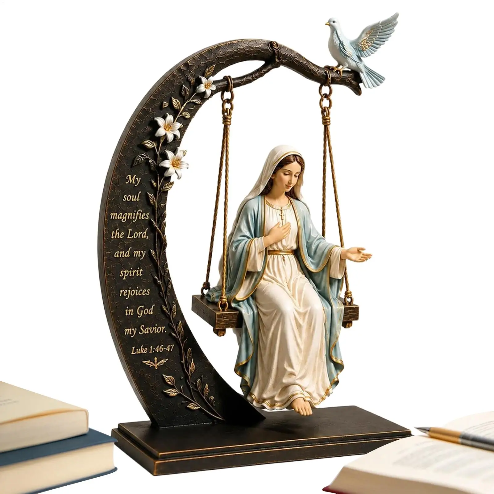 Female Statue Swing and Bird Design Wooden Sculpture Craft Christian Mary Figurine for Prayer Room Office Bedroom Mantle Church