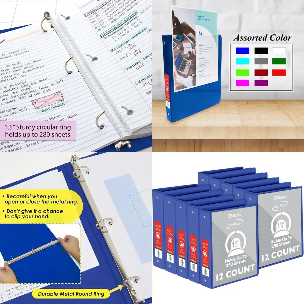 

Blue 3-Ring Binder, Clear Overlay, 1.5 Capacity, Holds 280 Sheets, 12-Pack for Office/Home/School