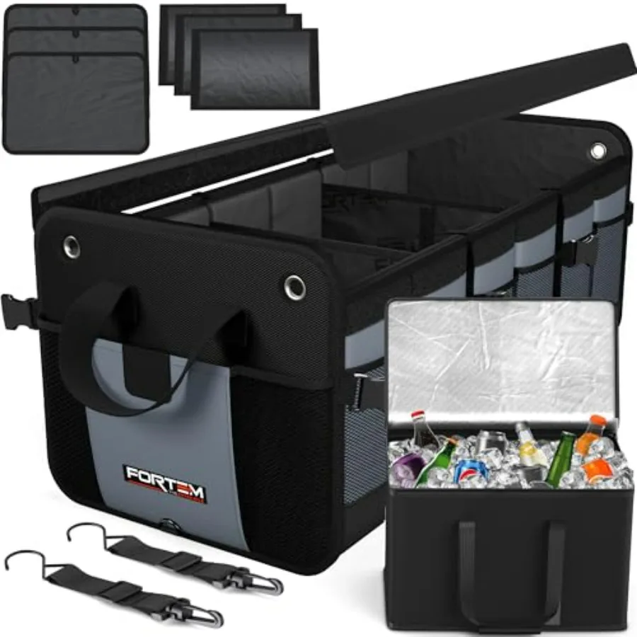 

Trunk Organizer with Cooler for SUV Car Storage Collapsible Multi-Compartment 1680D Ox Non-Slip Bottom Straps Soft Cover 110L B