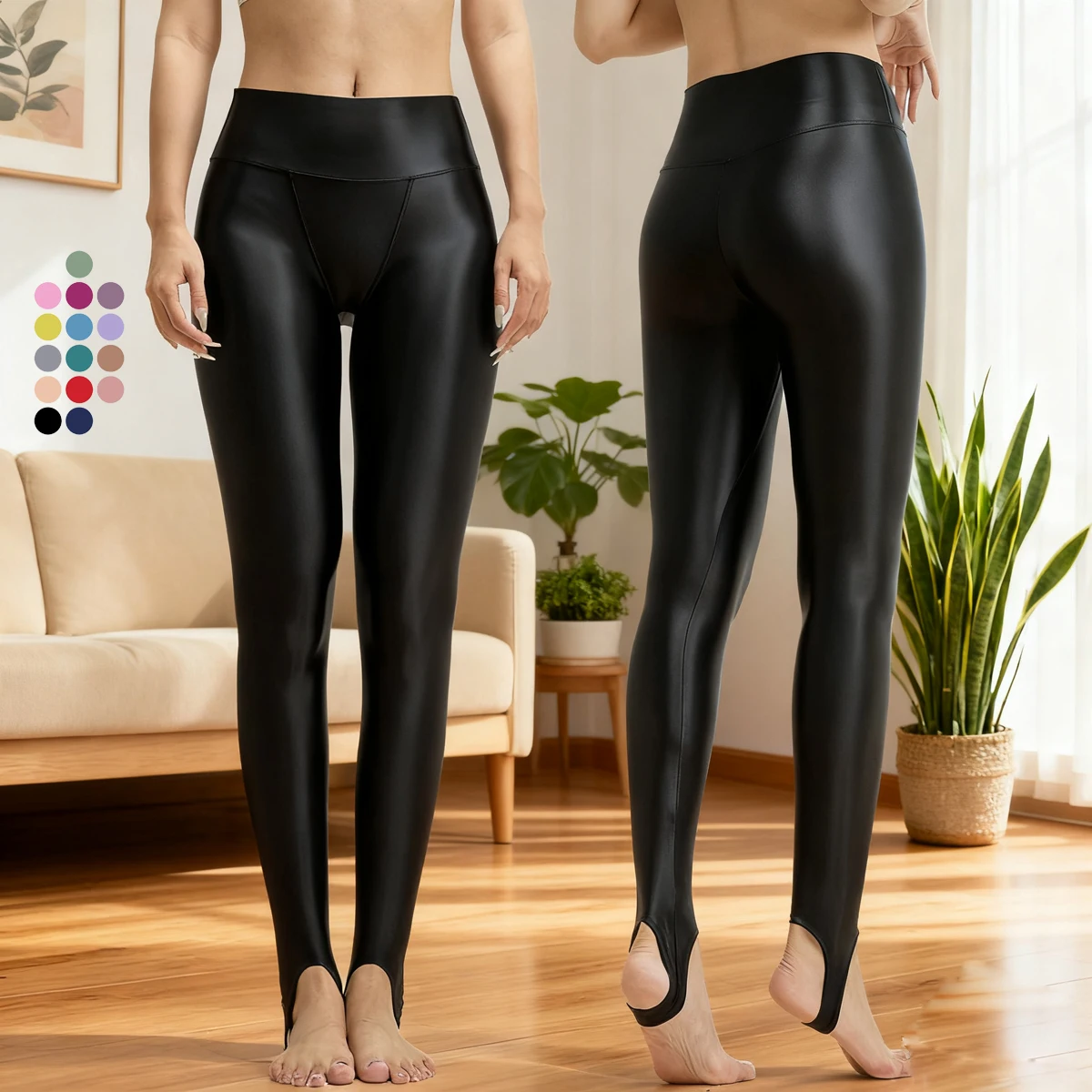 MJINM Glossy Satin High Waist V-crotch Yoga Sporty Fitness Bodybuilding Stirrup Pants Gymnastic Tight Comfot Breathable Leggings
