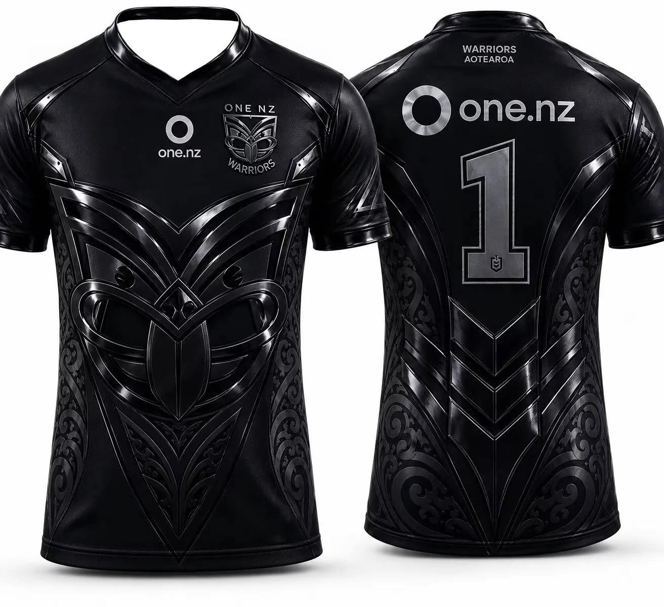 New Warriors Maori Tribal Metallic Print Rugby Jersey Oversized Solid Black Full Koru Pattern Number 1 Mesh Tee Family Matching
