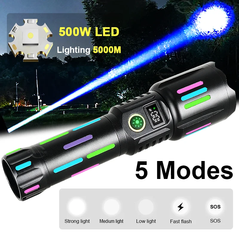 Powerful LED Flashlight Strong Light 5000M Long Range Zoom Flashlights Rechargeable USB Tactical Torch Hunting Fishing Hand Lamp