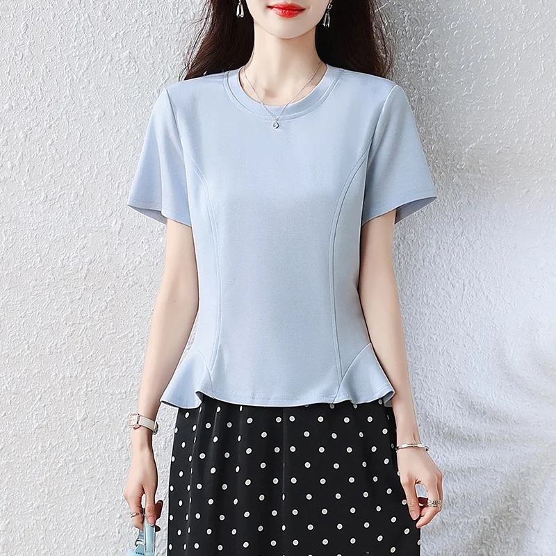 

Slim Fit Ice Silk T-Shirt round Neck Short Sleeve Women's Fashionable Summer New Style Waist Cinching Meat Concealing Base Shirt