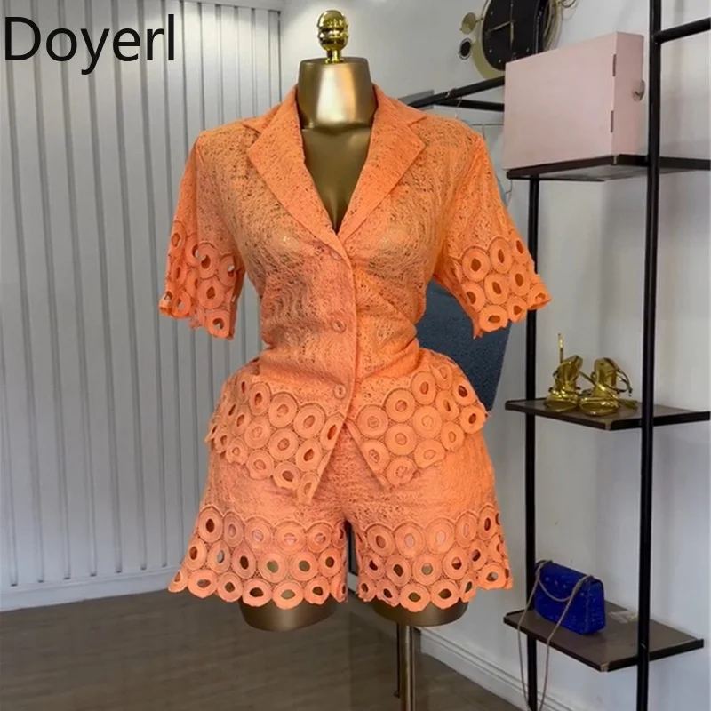 

Doyerl Elegant Hollow Out Short Sets Woman 2 Piece Set Festival Outfit Notched Collar Shirt Top and Shorts New in Matching Sets