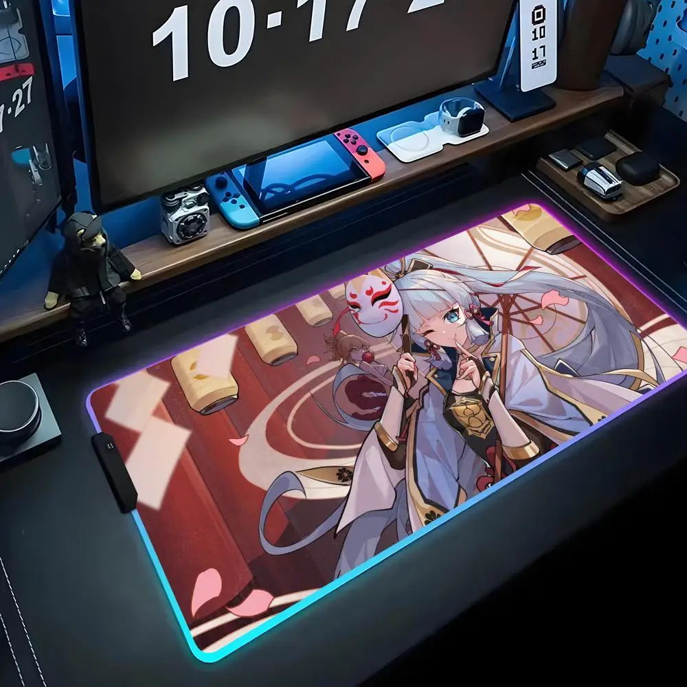 

kamisato ayaka Mouse Pad RGB Gaming Mousepad Big LED Pad PC Desk Mat Luminous Mouse Pad Large Keyboard Mats Table Rug With