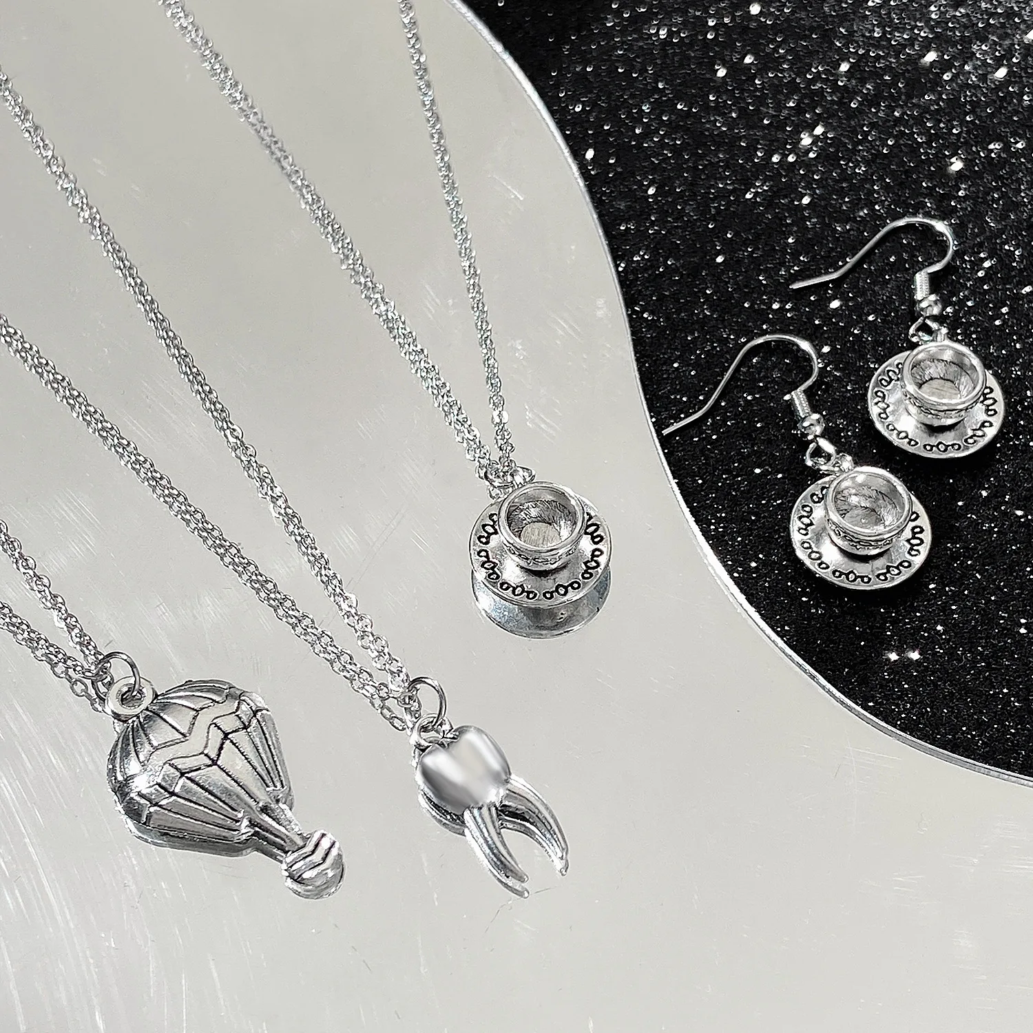 Retro Teapot and Cup Earrings Trendy Teeth Charms Hoop Earrings Gothic Necklace Punk Ear Pendant Earrings DIY Jewelry Gift