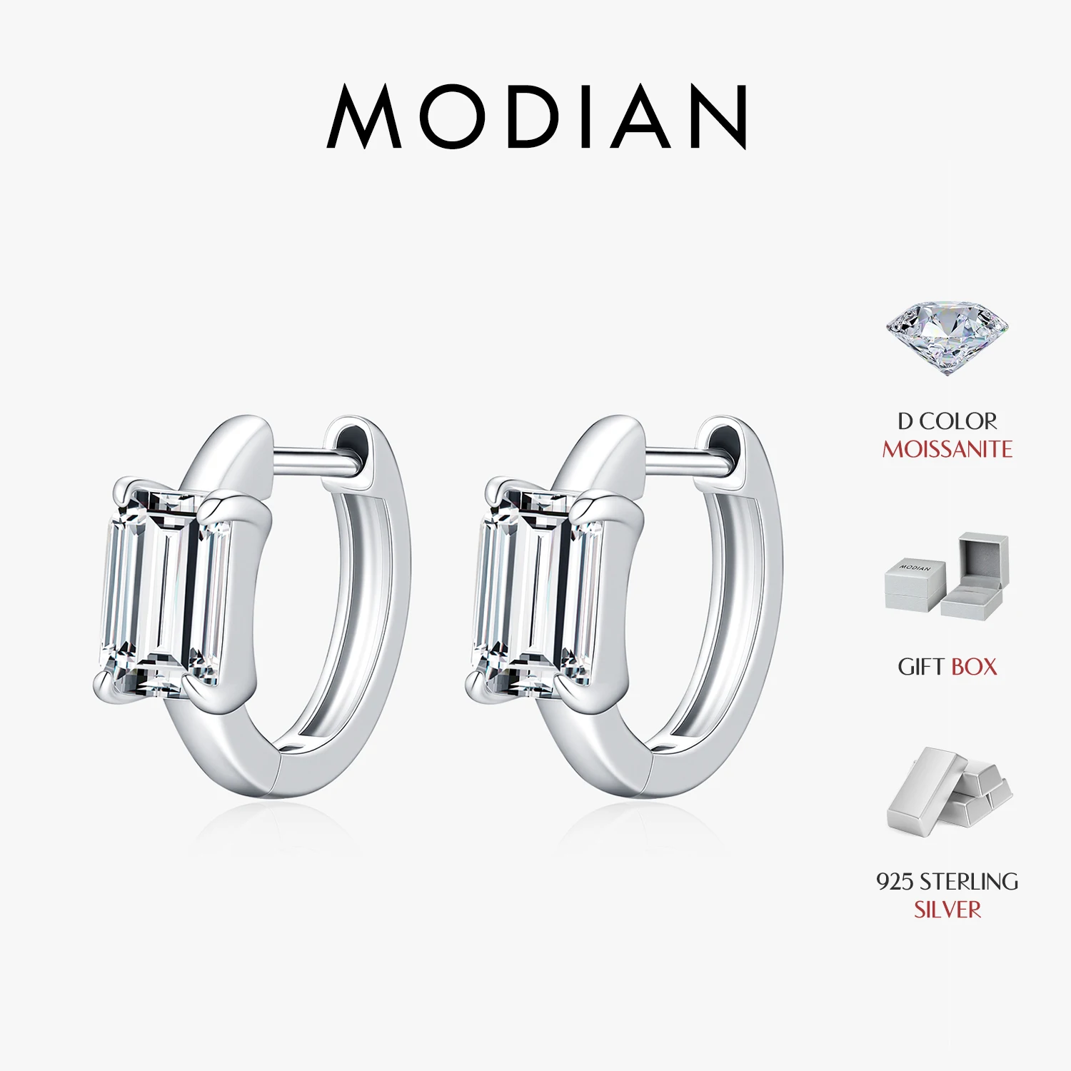 Pendientes de aro MODIAN de plata de ley 925 con moissanita de 0,8 quilates, diseño rectangular simple, con diamantes de laboratorio, para mujer, joyería fina OL