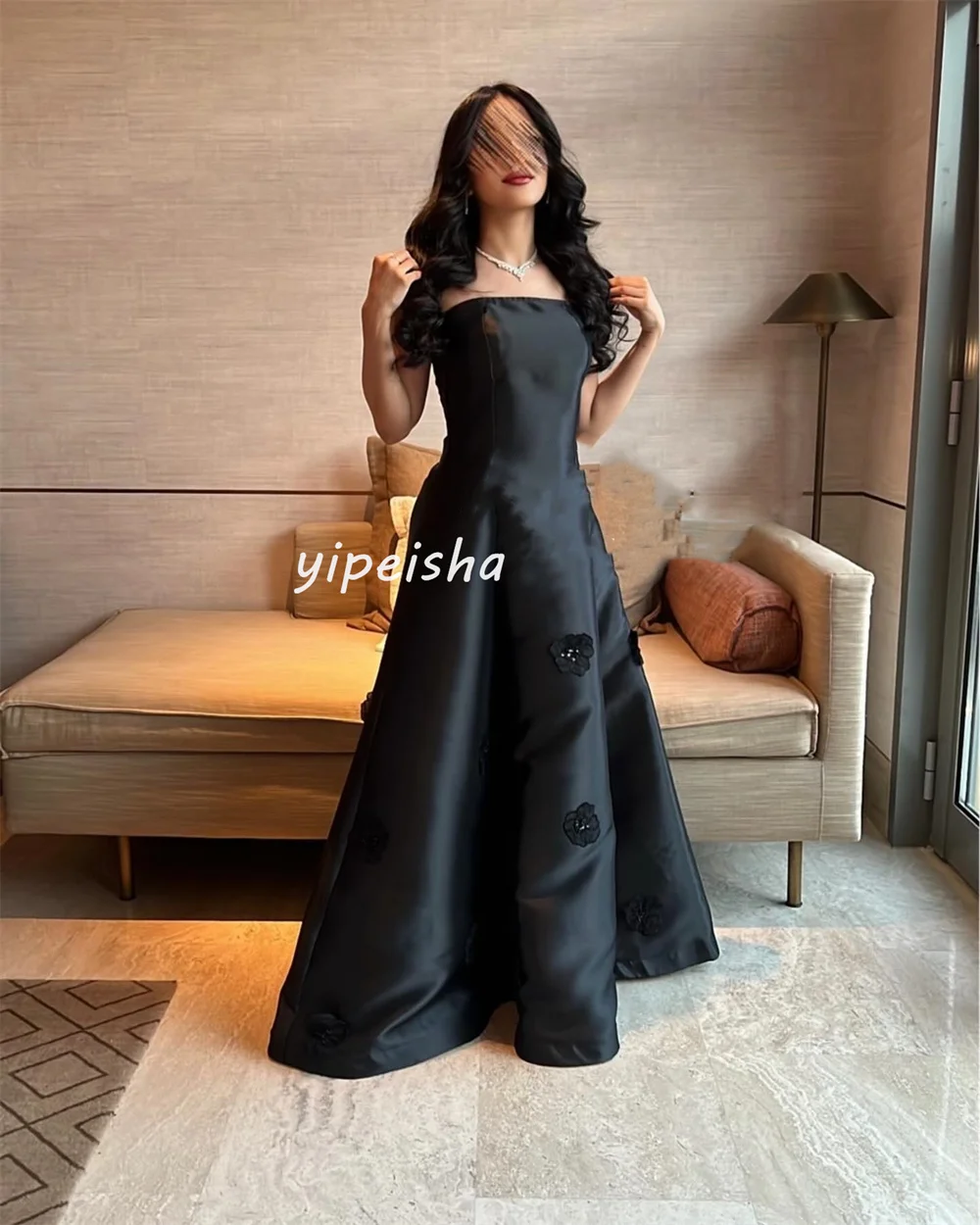 Customized Elegant Classic Applique Flower Beading Draped Pleat A-line Strapless Long Dresses Cocktail Dresses Matching Fashion