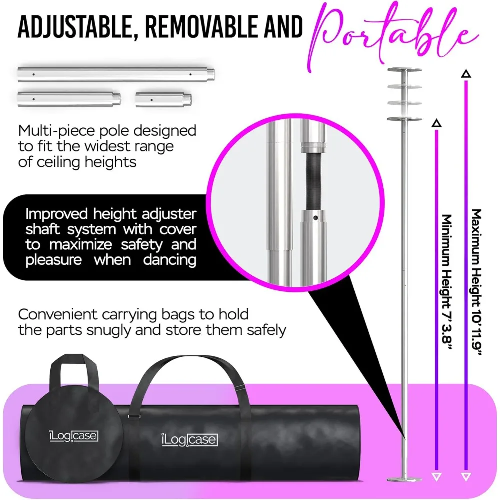 عمود رقص محمول عالي التحمل 45 مم للمنزل، قابل للتعديل من 7 أقدام إلى 11 قدم، مناسب للشقق