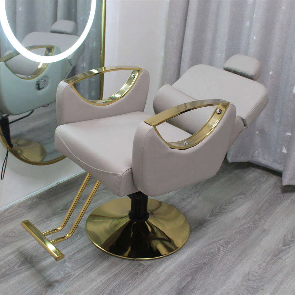 Conjunto de Móveis de Salão de Luxo em Cor Dourada com Cadeira de Beleza e Espelho em Couro PU