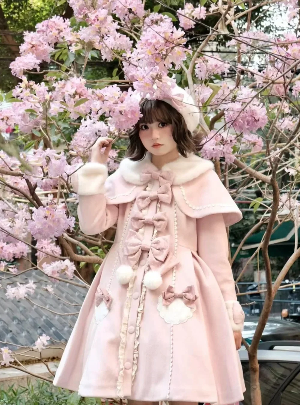 2026 الشتاء أنيقة حلوة لطيف فتاة لوليتا القوس منتصف طول معطف الصوف عالية الخصر التخسيس معطف طويل و كيب قطعتين مجموعة #5