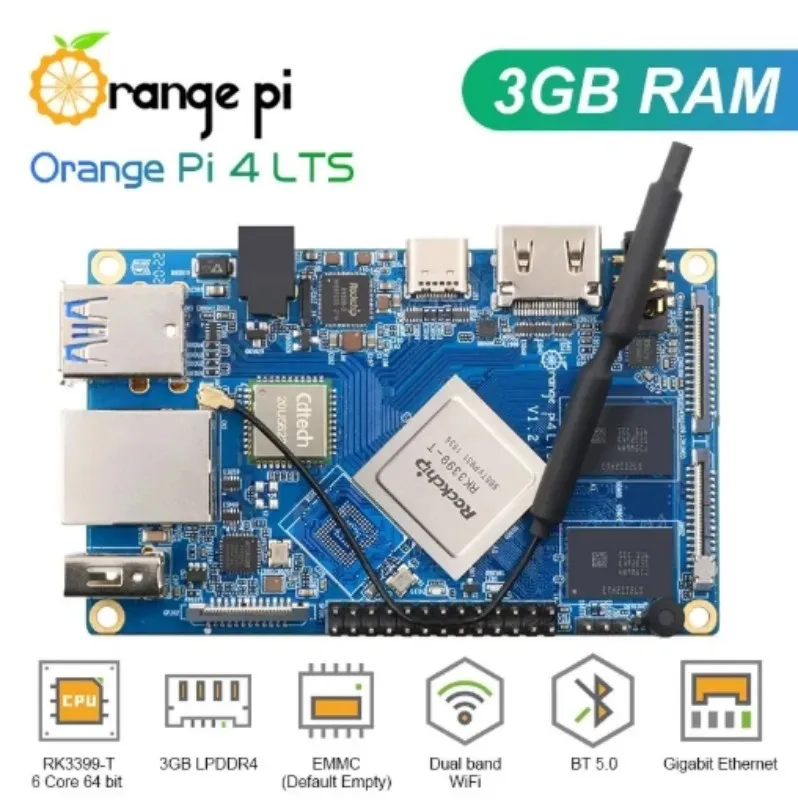 2025 Orange Pi 4 LTS 3GB/4GB RAM Rockchip RK3399-T، يدعم Wifi+BT5.0، Gigabit Ethernet، تشغيل Android، Ubuntu، Debian OS