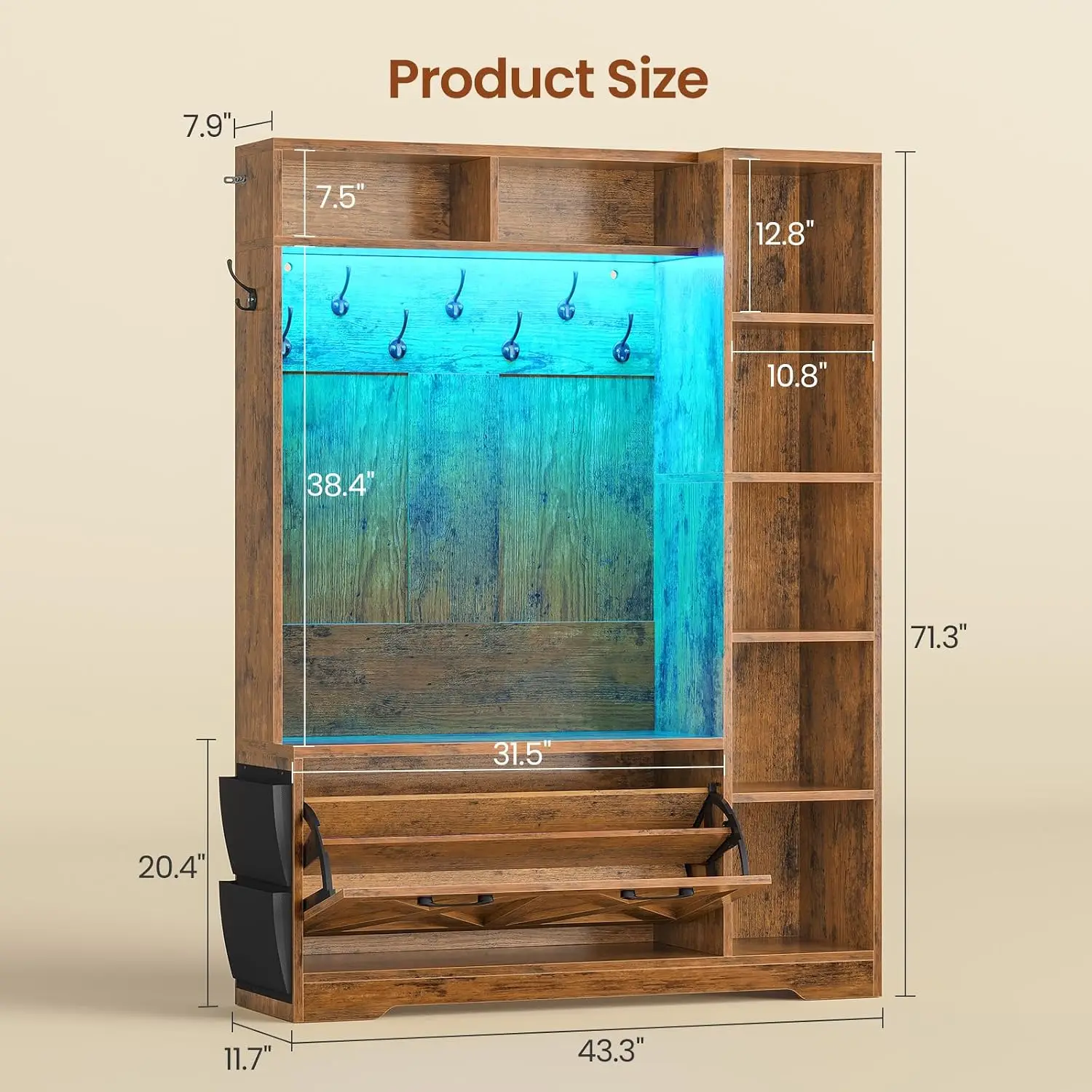 Hall Tree Bench & Shoe Storage, Entryway Coat Rack with Flip Drawers, 7 Shelves, 10 Hooks, LED Lights, Rustic Brown, Customized