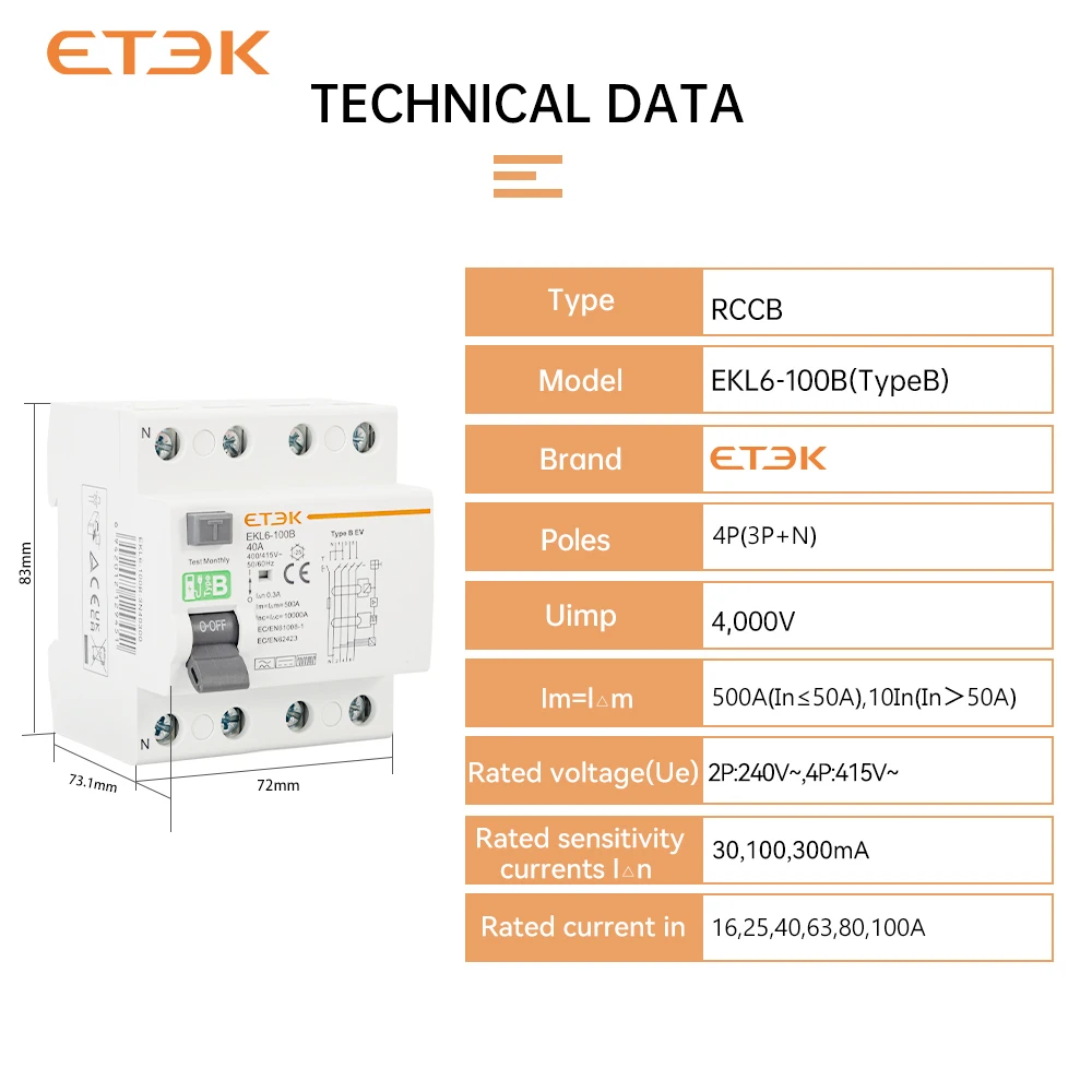 ETEK tipo B interruttore di corrente di dispersione di terra RCD RCCB guida Din 2 poli 4 poli 40A 63A 100A 30mA 300mA per caricabatterie EV RCD EKL6