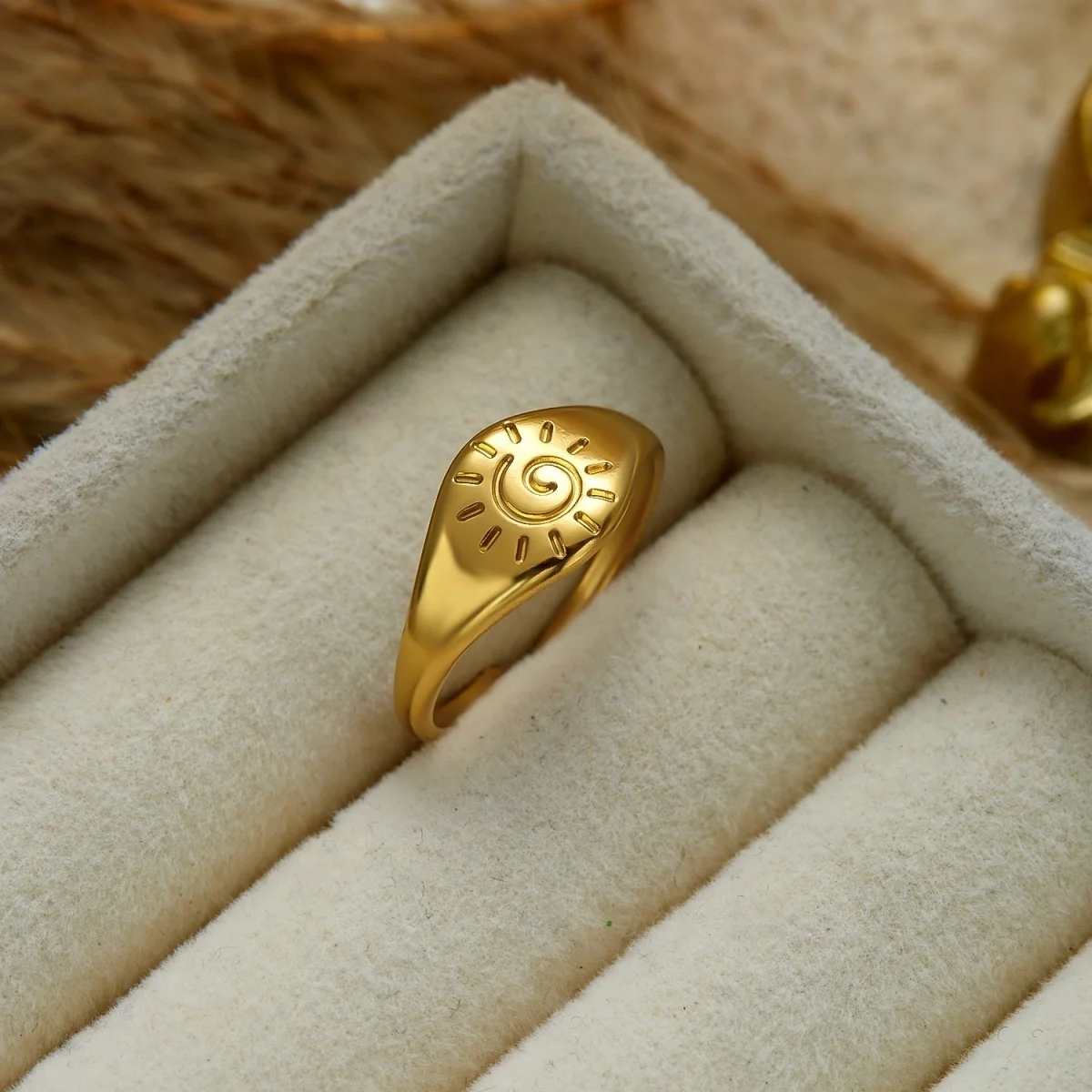 Edelstahl-Sonnen-Emaille-Blumen-Weizenblatt-Simulationsperlenringe für Damen und Herren, trendige, retro-inspirierte, geometrische Breitbandringe, Schmuck – Detail 23