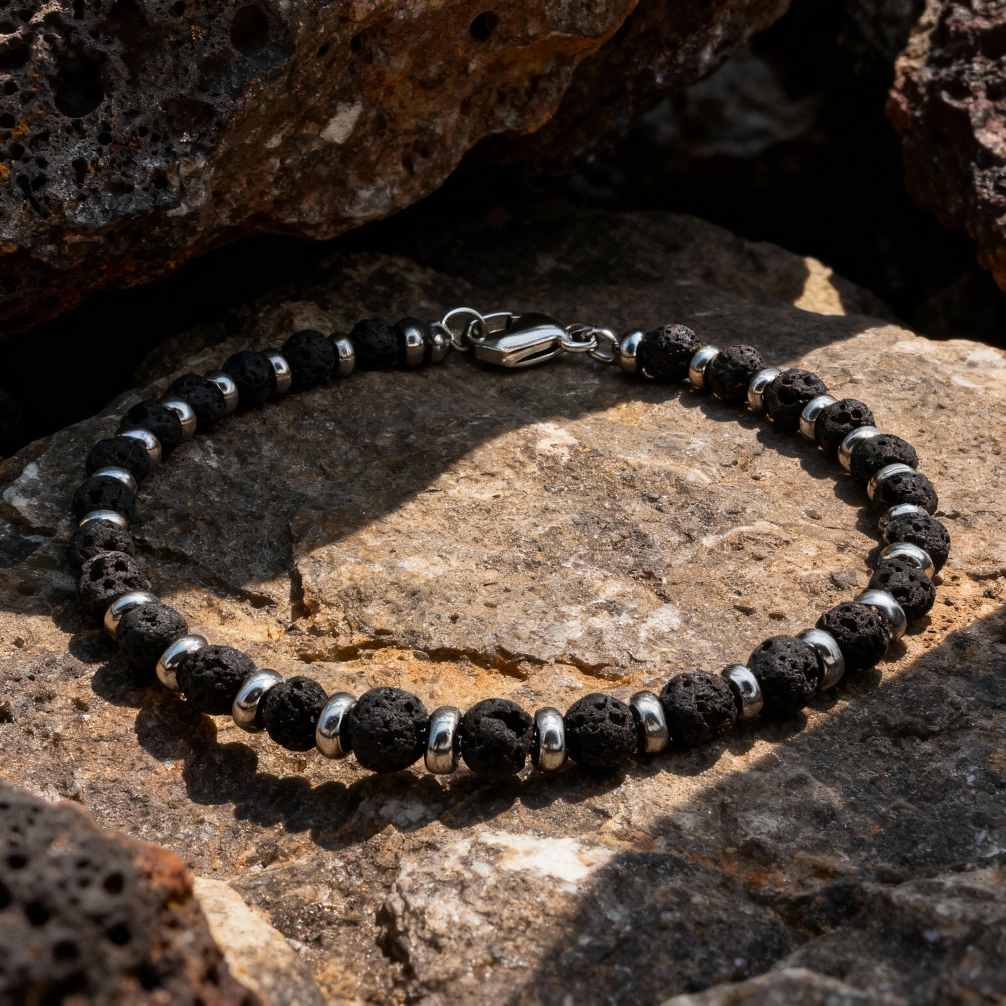 Men\'s Black Natural Volcanic Lava Stone Beads Necklace with Adjustable Stainless Steel Ring 22cm Runda Handmade Jewelry