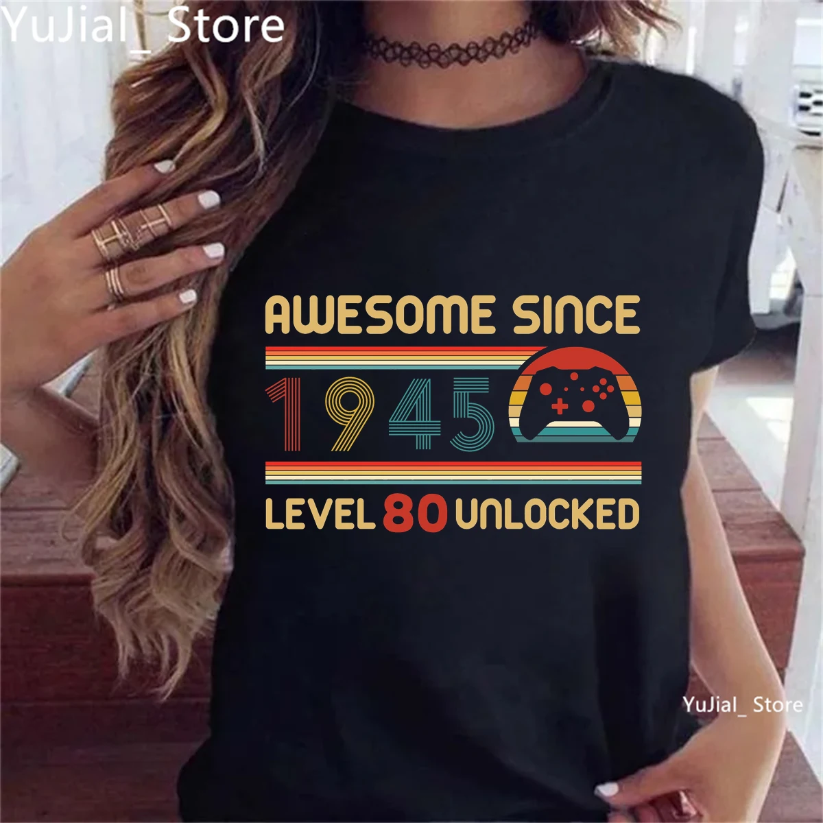 Awesome Since 1945 Level 80 Unlocked Game Consoles Graphic Printed Tshirt Women'S Clothes Birthday Party White/Black T-Shirt