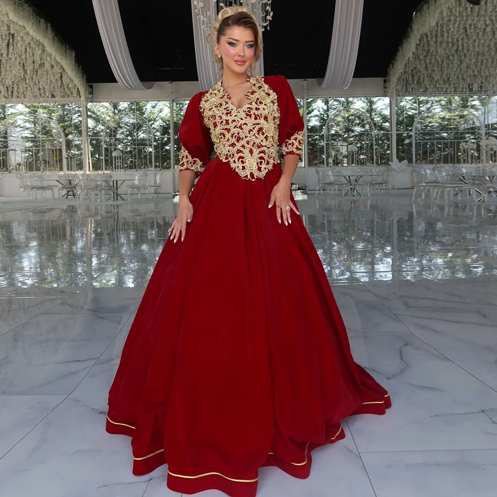 Kosovo Albanian Caftan Evening Dress Red Velvet Robe De Soirée Prom Dress Customized Vestidos De Novia