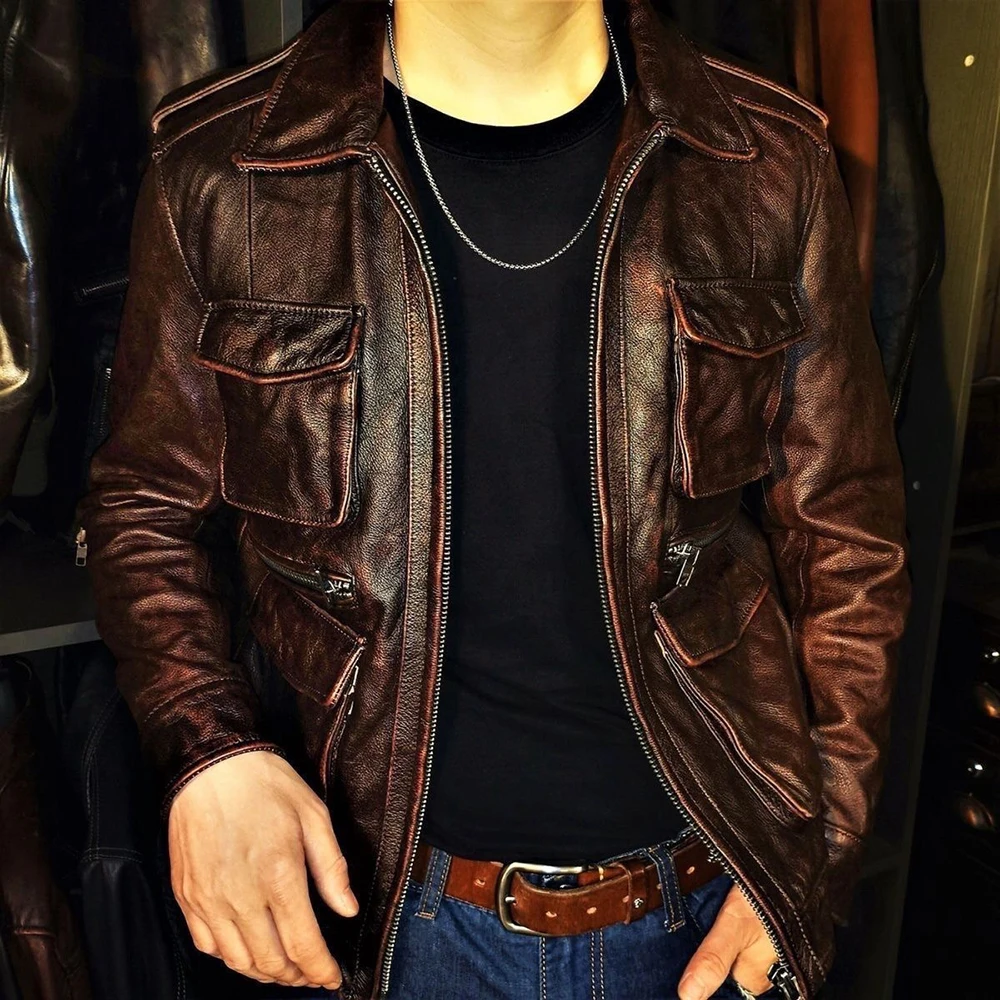2026 Autumn New Men's Solid Color Long-Sleeved Leather Jacket American Retro Fashion Trendy High Street Loose Casual Men's Top