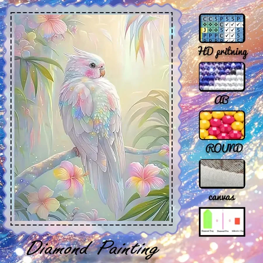 1 piece - 5D-DIY - Flocking cloth - Special drill - Diamond painting set - Colored cockatoos - Mosaic - Diamond art