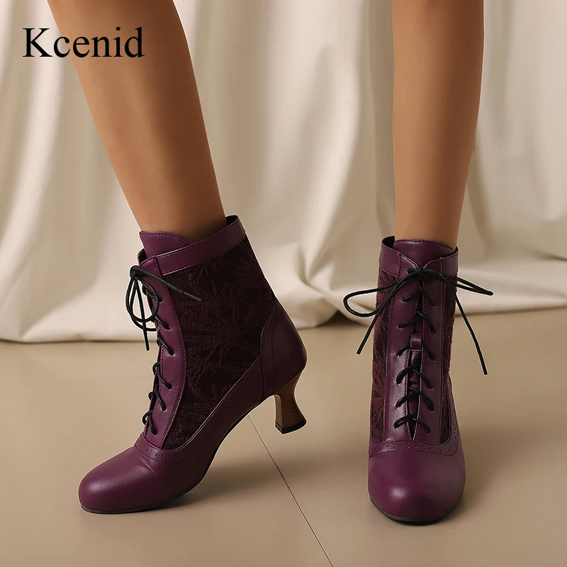 

Kcenid Winter Retro Round Toe Lace-up Ankle Boots For Women Fashion Concise Embroider Motorcycle Boots Plus Size 34-50