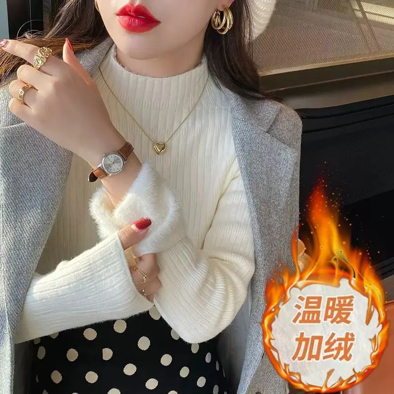 

Бархатный свитер, Женская Базовая рубашка, полувысокий воротник, толстый и теплый внутренний слой, вязаный белый топ