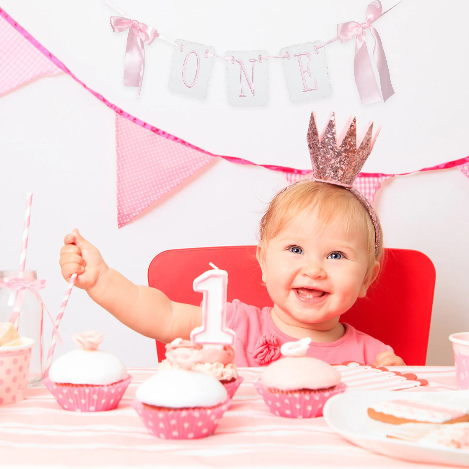 

Pink Bow First Birthday Highchair Banner Elegant Embroidered Tassel Garland for One Year Party Decorations