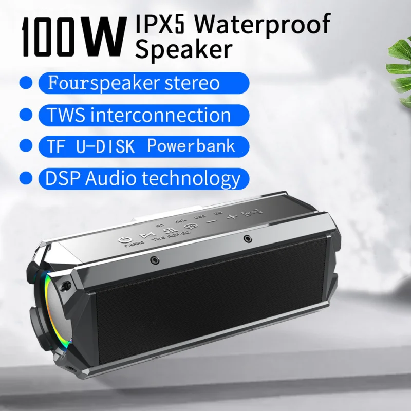 SODLK-T200 100W Hi-Fi Sound Super Bass Wireless Waterproof Outdoor Motorcycle Bike Power Bank Stereo Portable Bluetooth Speakers