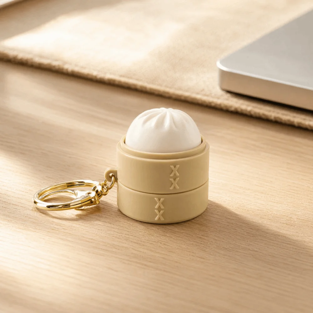 Soft Simulation Dumpling Keyboard Keychain Weave Pattern Crisp Click Sound Steam Bun Pendant Portable Design