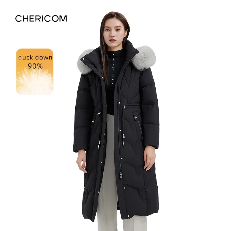 

Chericom женский зимний пуховик с пушистой меховой отделкой и капюшоном, гладкий стеганый пуховик премиум-класса с завязками Y299226B