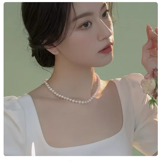 8m Sea water mother shell pearl necklace for women, round, strong light, flawless shell pearls, send to mom for Mother's Day