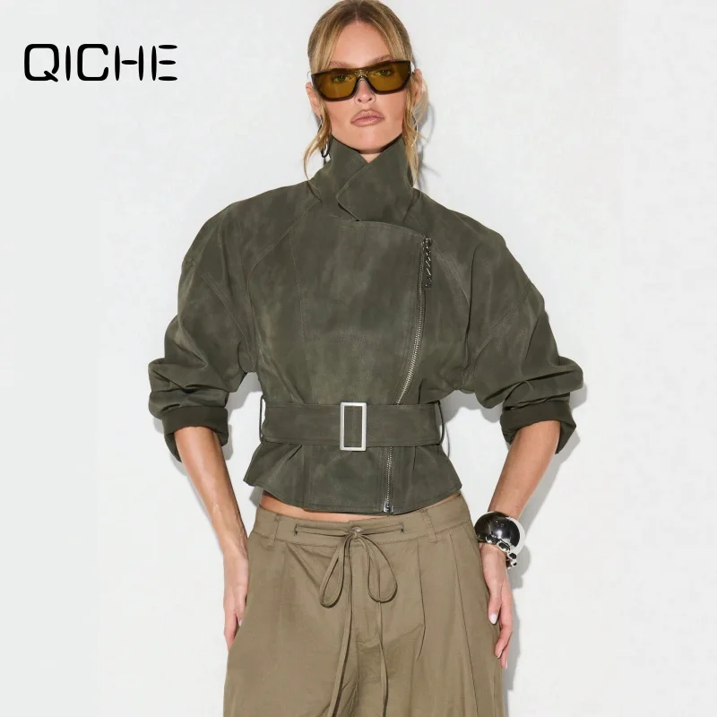 QICHE New Hot‑Sale Women Retro Workwear Outerwear Faux‑Suede Cropped Moto Jacket Stand‑Collar Zip‑Up Belted Long‑Sleeve Coat