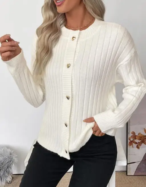 

Autumn New Solid Color Round Neck Pit Strip Knitted Love Button Front Sweater Coat for Women Elegant and Simple Knitted Coat