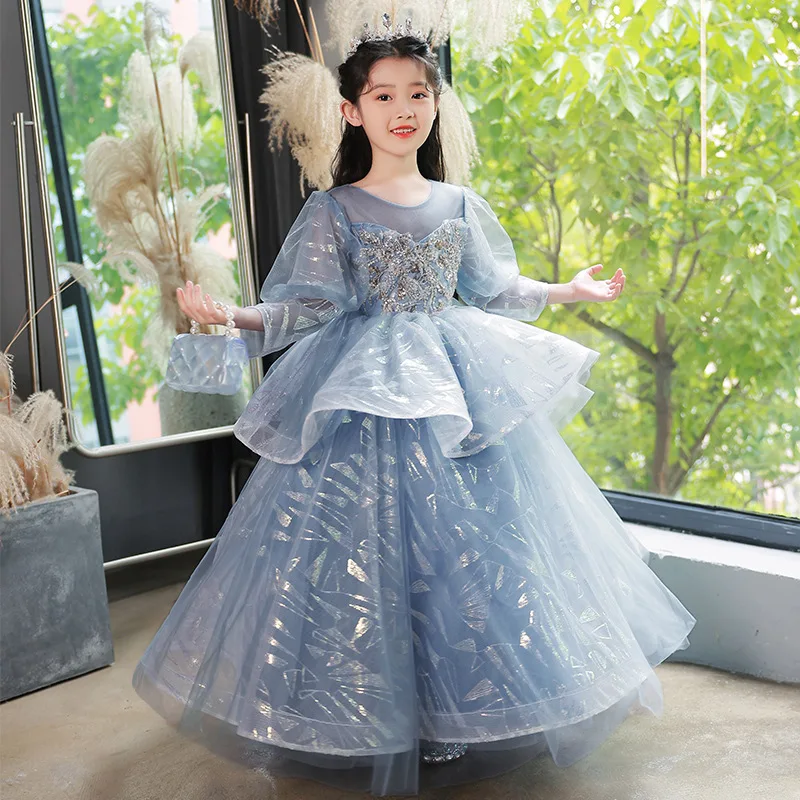 

Blue Lace Flower Girls Dresses for Wedding Teenager Girls Sequin Tulle Banquet Dress Formal Birthday Party Long Ball Gowns