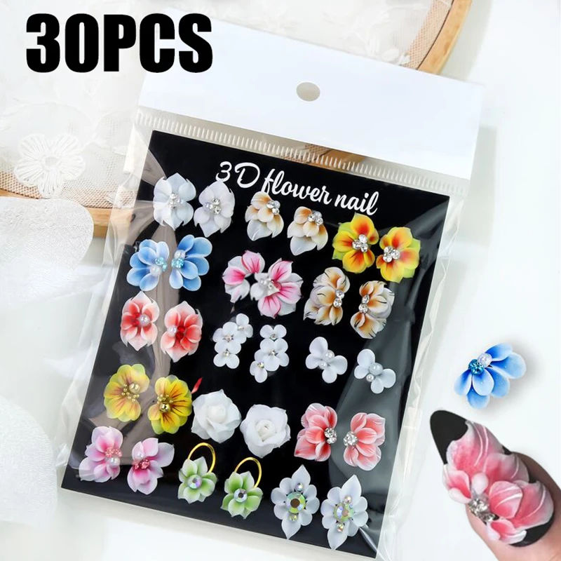 30Pcs Handmade Acrylic Flower Nail Charms 3D Flowers Shape With Brick Carvings Bloom Nail Art Decorations Supplies