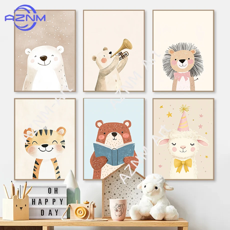 Smiling Animals Watercolor Posters Cute Tiger Giraffe Birthday Party Prints Canvas Painting Wall Pictures Home Kid's Room Decor