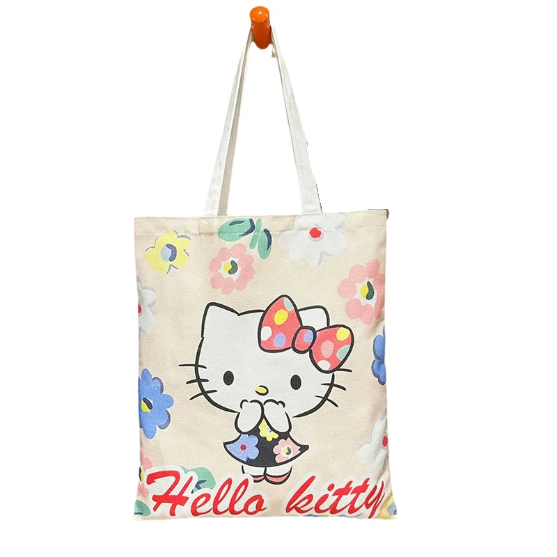 Cartoon Hello Kitty Canvas Bag Kawaii Sanrio Portable Handbag Large Capacity Women Shopping Bags Storage Bag