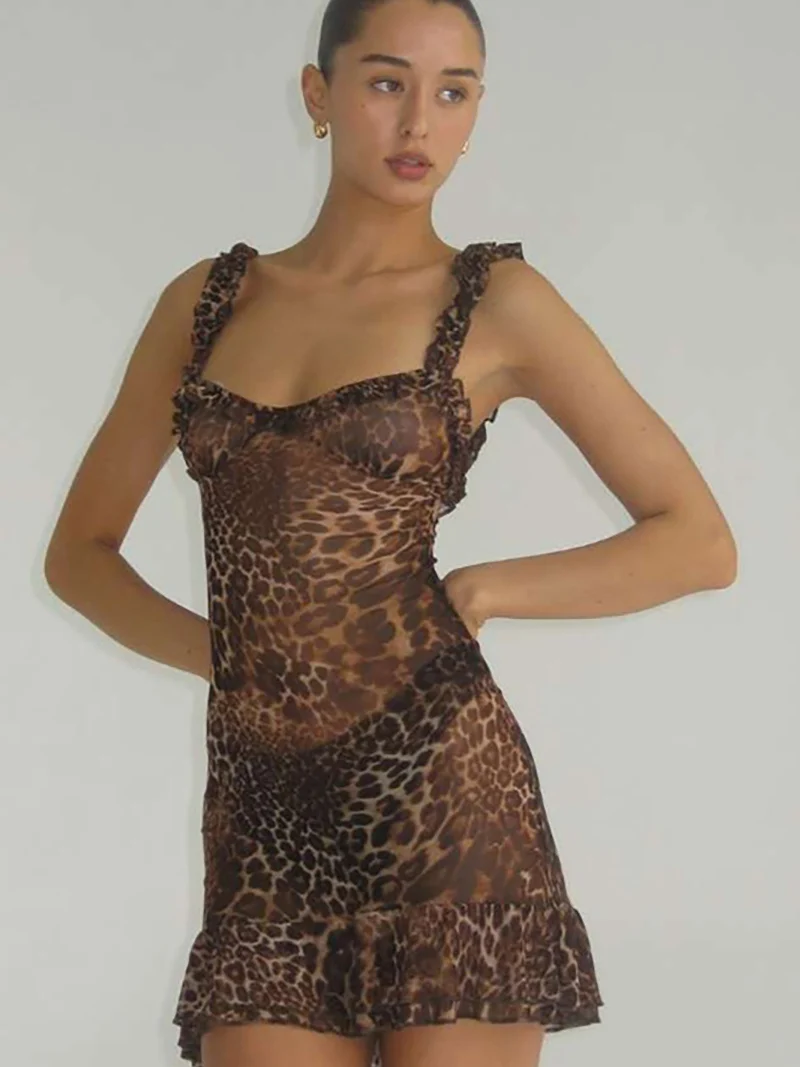 

Сексуальное бальное платье с леопардовым принтом, женское облегающее платье в стиле ретро с высокой талией из полиэстера, летнее сезонное платье на бретельках