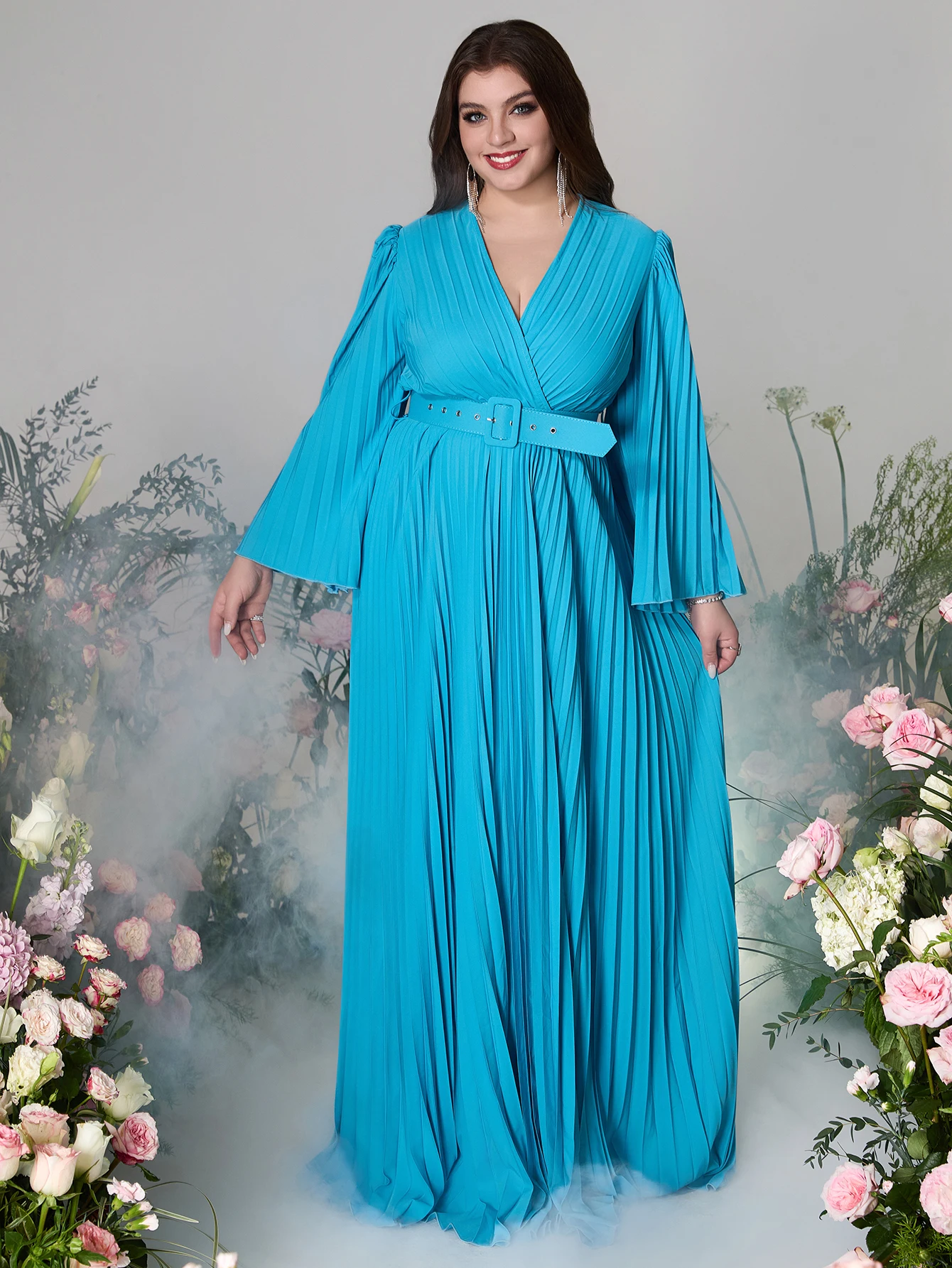 Plus Size Pleated Dress for Women Long Sleeve V-Neck Party Evening Dress Solid Color Elegant Fashionable Maxi Dresses 2024 New