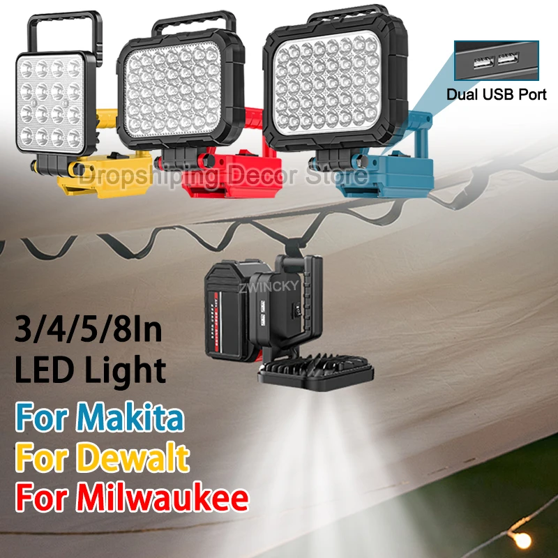 

for Makita/Dewalt/Milwaukee 18V Battery LED Work Lights Hand Lantern LED Flashlight Floodlight With Dual USB Port, Hook, Handle