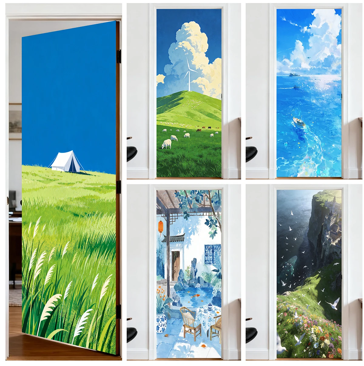 Fresh blue sky and white clouds scenic door sticker, self-adhesive PVC material, suitable for indoor home decor, parties,