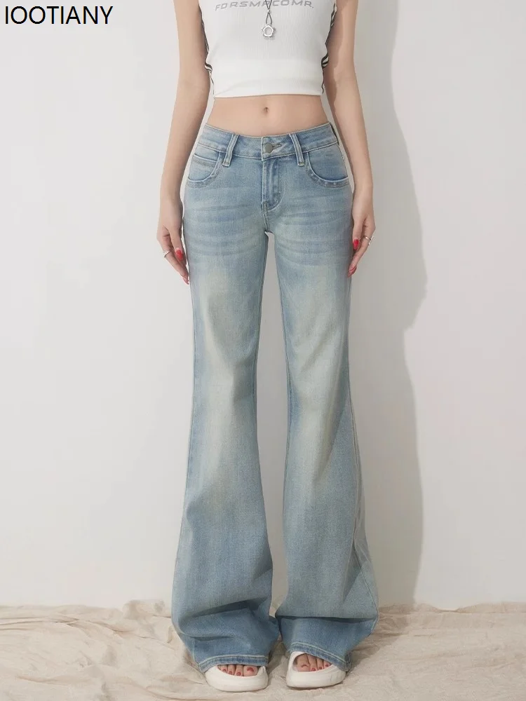 Slim Fit Simple Flared Jeans Women's High Fashion Casual British Style Light Color Street Work Low Rise Pants Classic Clothing